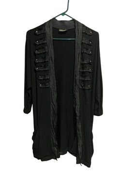 Maude Tunic Open Front Cardigan Black 3/4 Sleeve Military-Inspired Trim